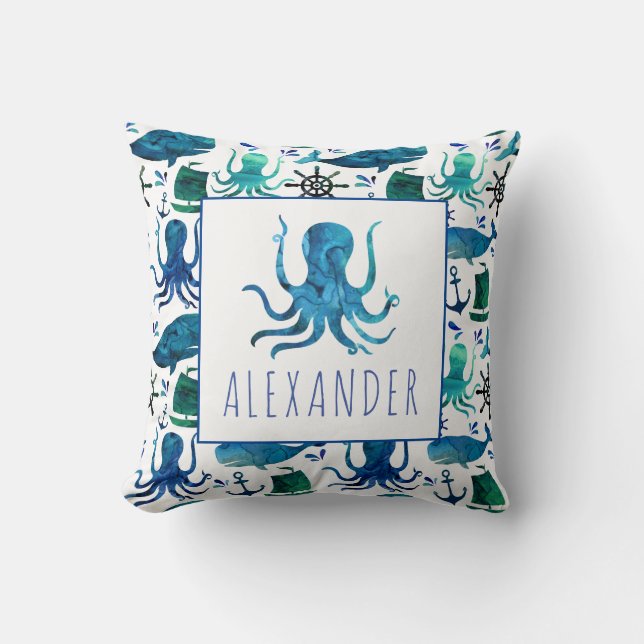 Blaue Wasserfarbe unter dem Meeresoktopus Kissen (Vorderseite)
