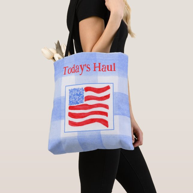 Blaue Wasserfarbe USA-Flagge mit Karo-Muster  Tasche (Von Nahem)