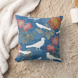 Blaue Wasserfarbe Vintage Blume und Vögel Kissen