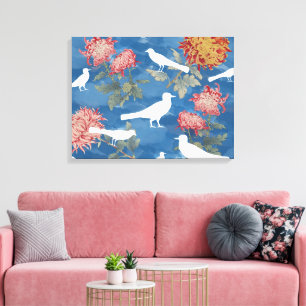 Blaue Wasserfarbe Vintage Blume und Vögel Leinwanddruck