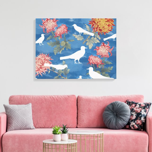 Blaue Wasserfarbe Vintage Blume und Vögel Leinwanddruck (Insitu (Wohnzimmer))