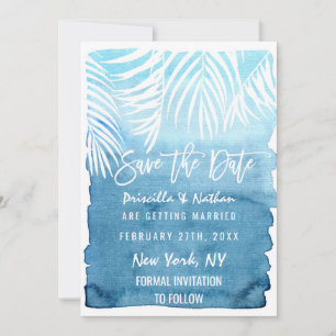 Blaue Wasserfarbe von weißen Palmenblättern Save The Date