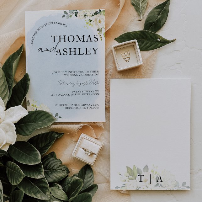 Blaue Wasserfarbe Weißer Rosen Hochzeitsfeier Einladung (Von Creator hochgeladen)