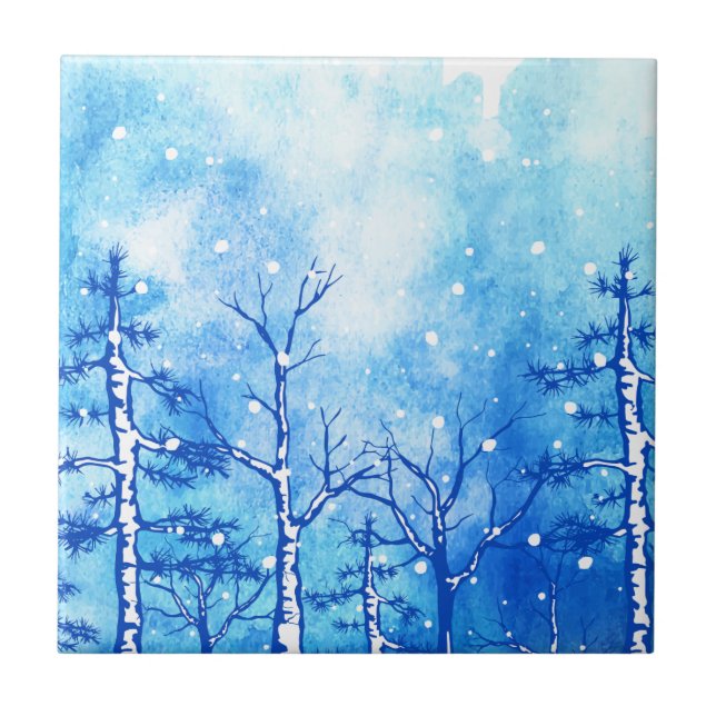 Blaue Wasserfarbe Winterlandschaft Fliese (Vorderseite)