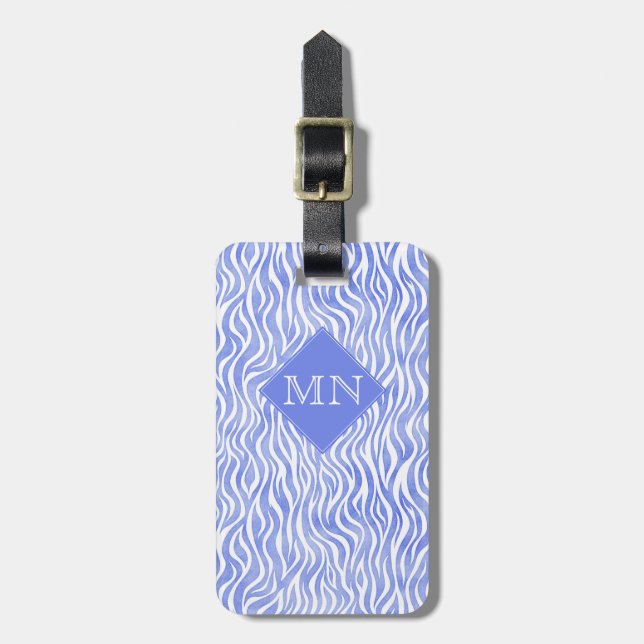 Blaue Wasserfarbe Zebra Muster | Monogramm Gepäckanhänger (Vorderseite vertikal)
