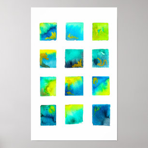 Blaue Wasserfarben-Abstraktion mit Quadraten Poster