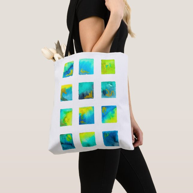Blaue Wasserfarben-Abstraktion mit Quadraten Tasche (Von Nahem)