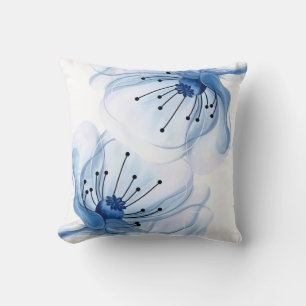 Blaue Wasserfarben-Blumen-Wurfkissen für den Frühl Kissen