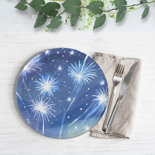 Blaue Wasserfarben-Feuerwerke Silvesterparty Pappteller