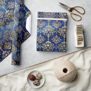 Blaue Wasserfarben-Muster mit goldenem Damast Geschenkpapier