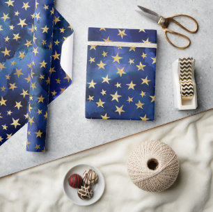 Blaue Wasserfarben-Muster mit goldenen Sternen Geschenkpapier