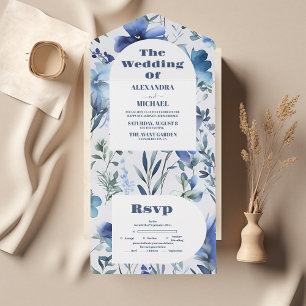 Blaue Wasserfarben-Periwinkle-Wildblumen Hochzeit All In One Einladung