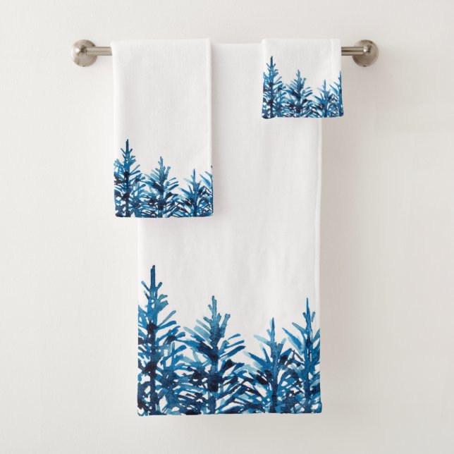 Blaue Wasserfarben-Pinienbäume Badhandtuch Set (Insitu)
