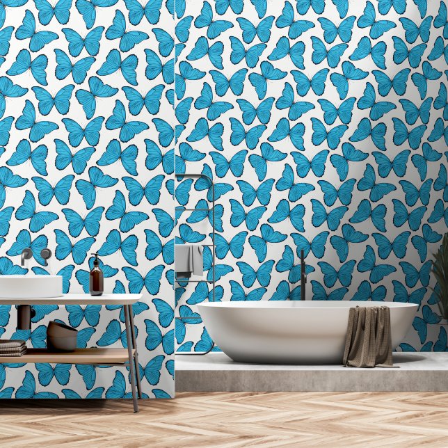 Blaue Wasserfarben-Schmetterlinge Tapete (Badezimmer)