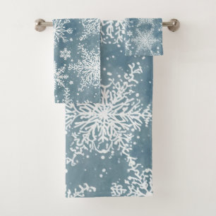Blaue Wasserfarben-Schneeflocken Winter Badhandtuch Set