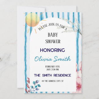 Blaue Wasserfarben-Streifen Coastal Boho Baby Show Einladung