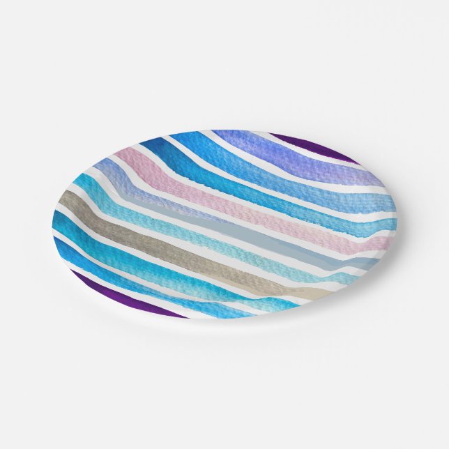 Blaue Wasserfarbenstreifen, handbemalt Pappteller (Schrägansicht)