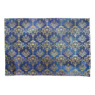 Blaue Wasserfarbmuster mit goldenem Damast Kissenbezug