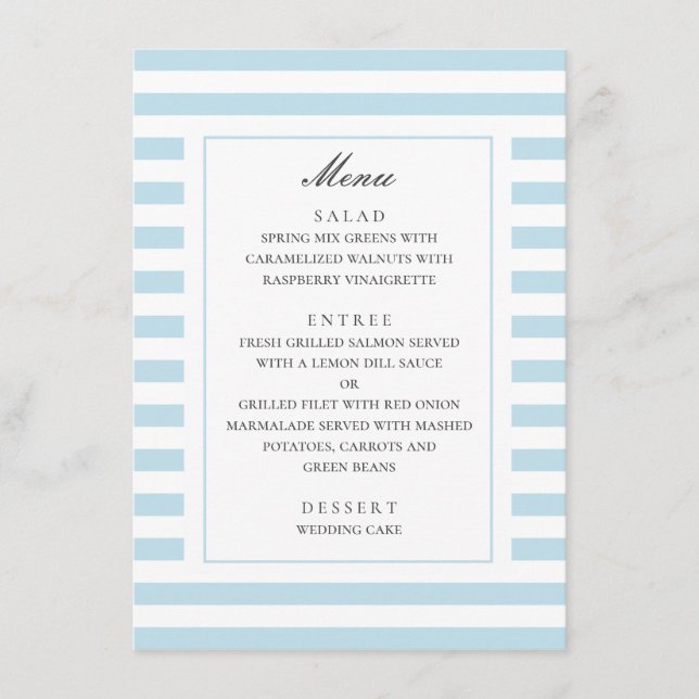 Blaue Wasserstreifen. Moderne gestreifte Hochzeit Menükarte (Vorderseite)