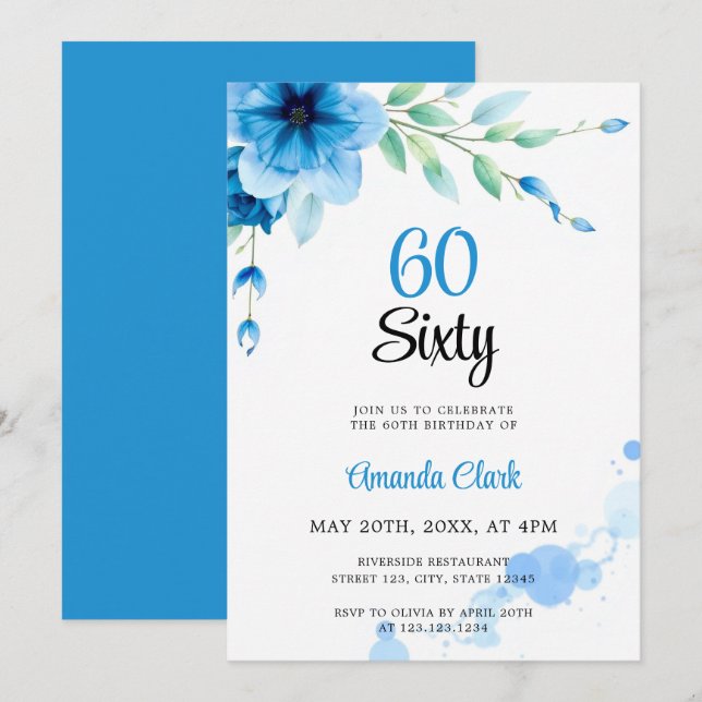 Blaue weiche Bläschen Floral 60. Geburtstag Einladung (Vorne/Hinten)