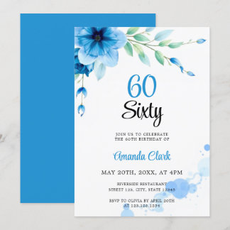 Blaue weiche Bläschen Floral 60. Geburtstag Einladung
