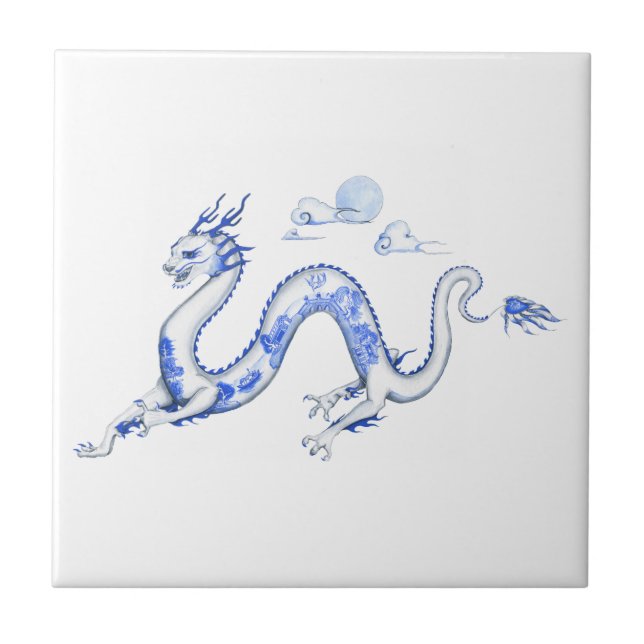Blaue Weide-Drache-Fliese mit weißem Hintergrund Fliese (Vorderseite)