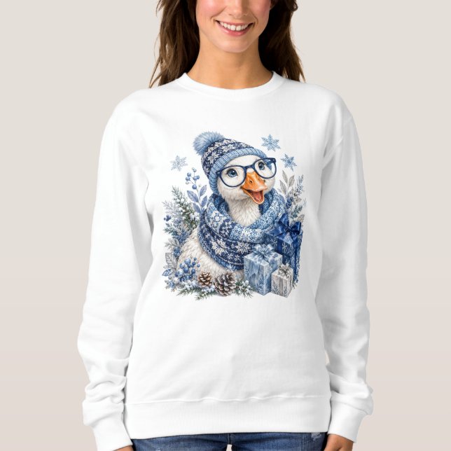 Blaue Weihnachts-Winter-Feiertagsgans Sweatshirt (Vorderseite)