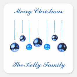 Blaue Weihnachtsbällchen Foto mit Text Quadratischer Aufkleber