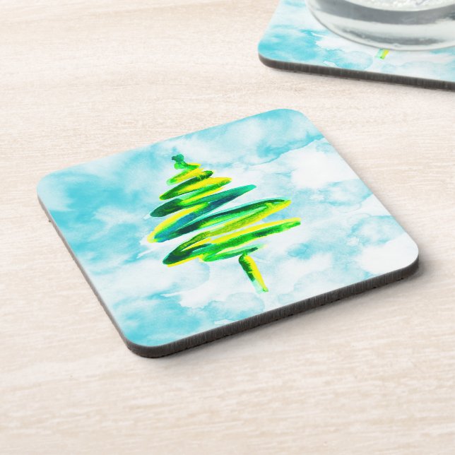Blaue Weihnachtsbaume abstrakte Aquarellgetränke Getränkeuntersetzer (Linke Seite)