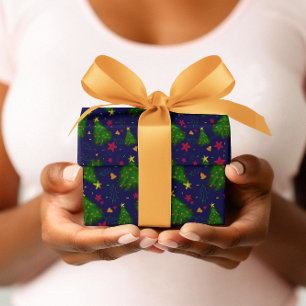 Blaue Weihnachtsbäume mit Glocken und roten Blumen Geschenkpapier