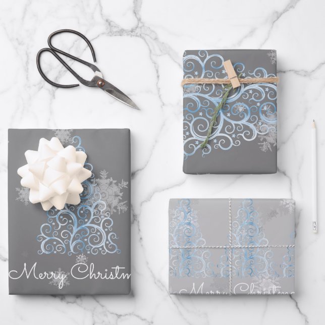 Blaue Weihnachtsbaume und Schneeflocken Geschenkpapier Set (Vorderseite)