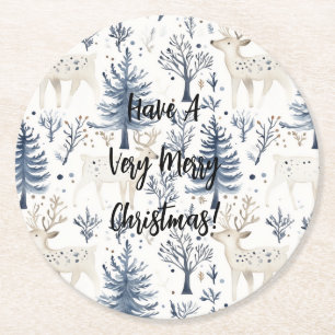 Blaue Weihnachtsbäume Weiße Hirsche Runder Pappuntersetzer