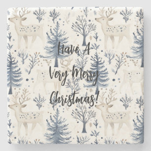 Blaue Weihnachtsbäume Weiße Hirsche Steinuntersetzer