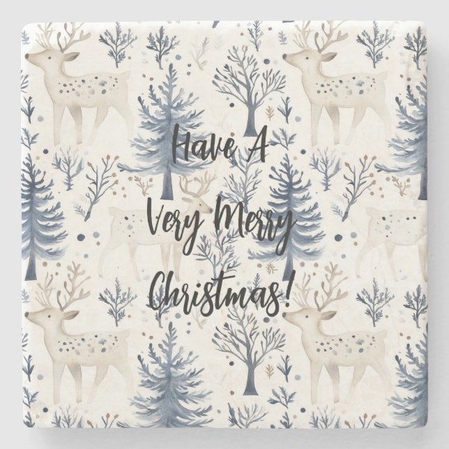 Blaue Weihnachtsbäume Weiße Hirsche Steinuntersetzer (Vorderseite)