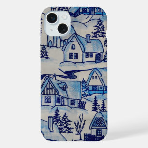 Blaue Weihnachtsdorf-Dekoration im Vintage-Stil iPhone 15 Plus Hülle