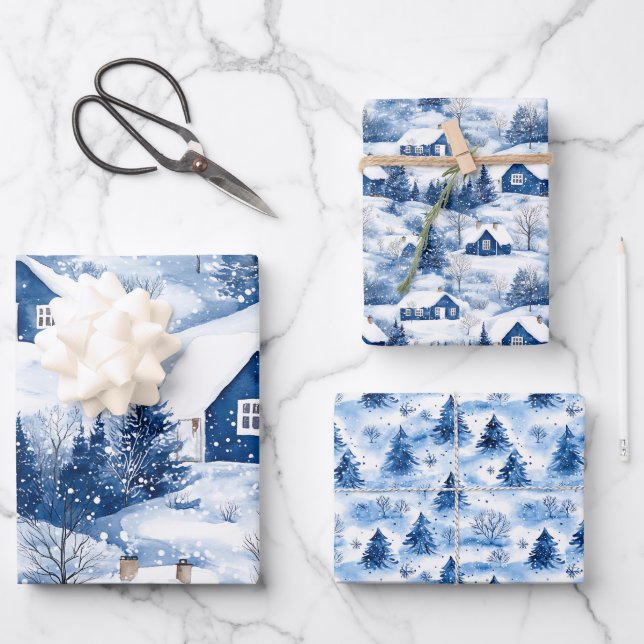 Blaue Weihnachtsfeier Geschenkpapier Set (Vorderseite)
