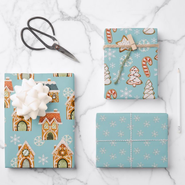 Blaue Weihnachtsgebäck Cookies Schneeflocken Geschenkpapier Set (Vorderseite)