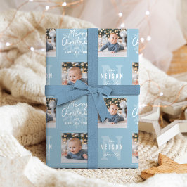 Blaue Weihnachtsgrüße Kalligrafie Familie 2 Foto Geschenkpapier