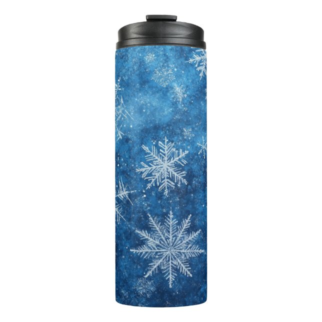 Blaue Weihnachtsschneeflocke Thermosbecher (Vorderseite)