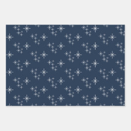 Blaue Weihnachtsschneeflocken Evergreen Trees Geschenkpapier Set