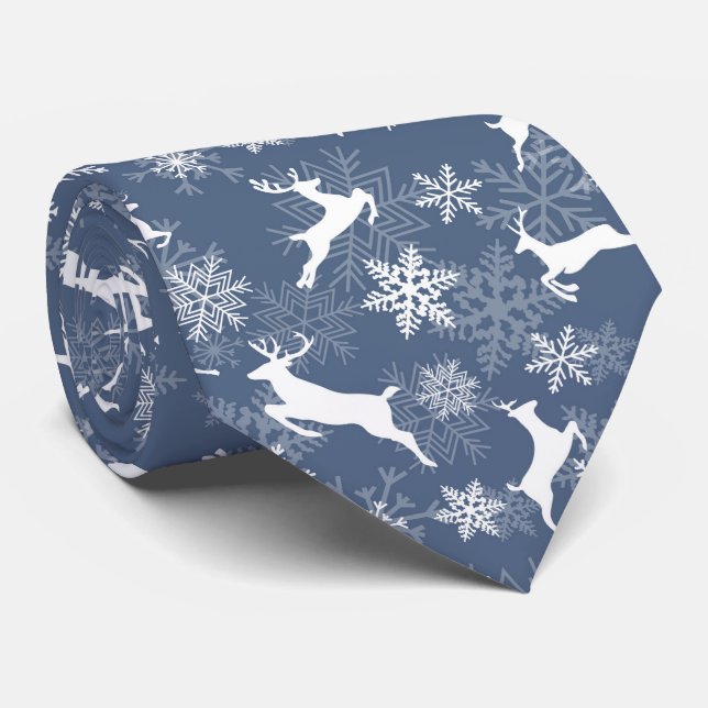 Blaue Weihnachtsschneeflocken-Hirsch-Muster Krawatte (Gerollt)