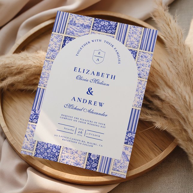Blaue Weiß gepatchworkte Toile-Hochzeit Einladung (Von Creator hochgeladen)