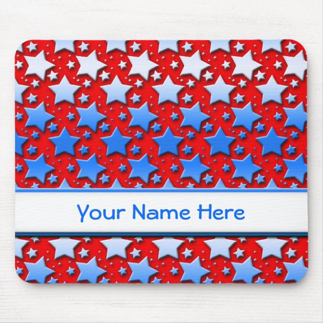Blaue Weiß-Sterne auf Rot Mousepad (Vorne)