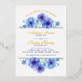 Blaue, weiße Anemonfarben, Aquarell Hochzeitfolie Folieneinladung