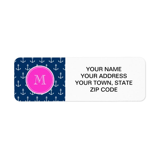 Blaue, weiße Ankermuster, Hot-Pink-Monogramm (Vorne)