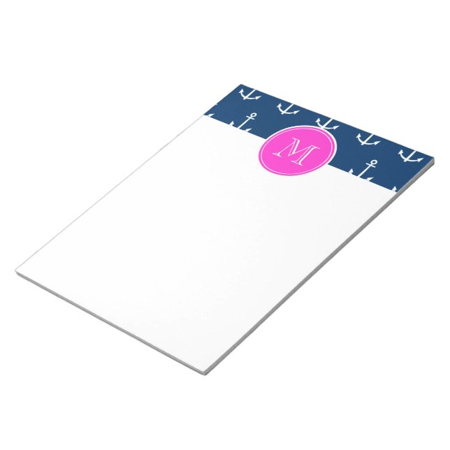 Blaue, weiße Ankermuster, Hot-Pink-Monogramm Notizblock (angewinkelt)