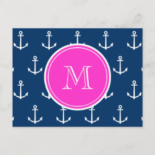 Blaue, weiße Ankermuster, Hot-Pink-Monogramm Postkarte