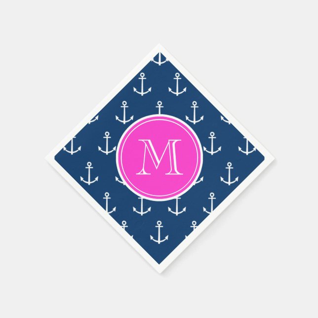 Blaue, weiße Ankermuster, Hot-Pink-Monogramm Serviette (Ecke)