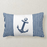 Blaue weiße Ankerstreifen Lendenkissen<br><div class="desc">Eine elegante, moderne und trendige nautische Marinebar in Blau und Weiß oder werfen Kissen oder Kissen mit marineblau-weiß Streifen und Anker auf der einen Seite und ein marineblau Hintergrund auf der anderen Seite. Dieses Anker Akzent Kissen Küstenstrand Design wird jede Wohngestaltung, Strand Haus, Deck, Patio, Wohnzimmer, Sofa, Schlafzimmer, Büro, Boot,...</div>