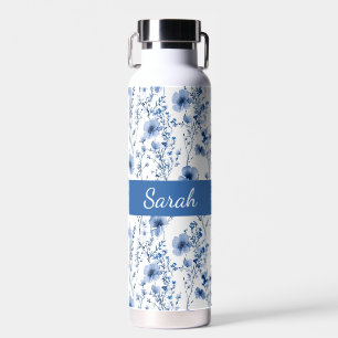 Blaue Weiße Aquarell-Blumen-Wildblumen-Name Trinkflasche